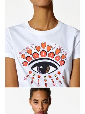 Kenzo White Tee with Black Eye and Coral & Pink Motif